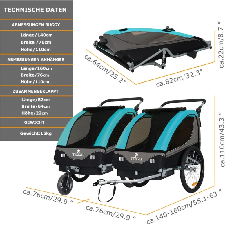 Tiggo S2 Kinderanhänger mit Federung Jogger 2 in 1 Kinder Buggy Fahrradanhänger Anhänger 1 bis 2 Kinder Kinderanhänger 60502 – Bild 5